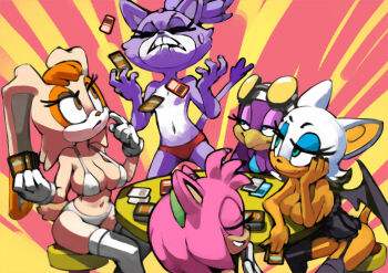 5girls :3 amy_rose angry animal_ears animal_nose aqua_eyes bandana bat_ears bat_girl bat_tail bat_wings bikini biting_own_lip bittenhard black_thighhighs blaze_the_cat blue_eyes body_fur breast_rest breasts breasts_on_table brown_eyes card cat_ears cat_girl cat_tail cleavage closed_eyes closed_mouth commentary convenient_censoring english_commentary eyeshadow fingernails flipped_hair forehead_jewel furry furry_female garter_straps gloves grin groin_tendon half-closed_eyes halterneck hedgehog_girl holding holding_card large_breasts long_hair looking_at_another makeup medium_breasts medium_hair midriff multiple_girls navel open_mouth panties pink_hair purple_hair rabbit_ears rabbit_girl rabbit_tail red_panties redrawn rouge_the_bat short_hair sitting skindentation small_breasts smile smug sonic_(series) sonic_riders sonic_riders_(series) sonic_rush strip_game strip_poker sunglasses sweatdrop swimsuit tail teeth thighhighs tinted_eyewear topknot topless_female twintails underwear vanilla_the_rabbit wave_the_swallow white_bandana white_bikini white_gloves white_hair white_thighhighs wings yellow-tinted_eyewear