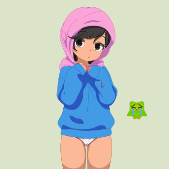 1girl absurdres animal bird black_eyes black_hair blue_sweater cameltoe commentary cowboy_shot dark_skin duo_(duolingo) duolingo english_commentary green_background highres hijab hikari_(takohoshino) loli long_sleeves looking_at_viewer meme no_pants open_mouth owl panties pink_hijab simple_background sleeves_past_wrists solo sweater tears underwear uohhhhhhhhh!_(meme) white_panties zari_(duolingo)