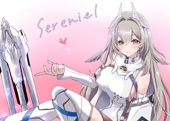 1girl absurdres animal_ears bare_shoulders blush bodysuit breasts brown_hair chaos_zero_nightmare commentary_request covered_navel detached_sleeves eno_(pixiv117801819) hair_between_eyes heart highres horns large_breasts leg_armor long_hair looking_at_viewer mechanical_horns purple_eyes sereniel_(chaos_zero_nightmare) sideboob sidelocks smile solo thighhighs very_long_hair white_bodysuit white_sleeves