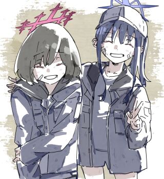 2girls aged_down bandaid bandaid_on_face baseball_cap black_hair black_jacket blue_archive chiriejjiyo closed_eyes commentary_request facing_viewer grin halo hat highres jacket long_hair misaki_(blue_archive) multiple_girls saori_(blue_archive) short_hair shorts simple_background smile v