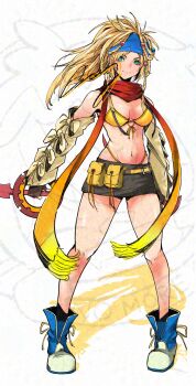 1girl arm_ribbon bare_shoulders beads bikini blonde_hair blue_boots blue_headband boots braid breasts cleavage crazy02oekaki dual_wielding final_fantasy final_fantasy_x final_fantasy_x-2 full_body gradient_scarf green_eyes grey_skirt hair_beads hair_ornament headband highres holding long_hair looking_at_viewer medium_breasts midriff miniskirt multiple_braids navel parted_bangs red_scarf ribbon rikku_(ff10) scarf signature skirt smile solo sphere_hair_ornament standing swimsuit thief_(final_fantasy) white_background yellow_bikini yellow_scarf