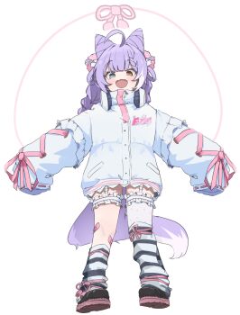 1girl absurdres ahoge animal_ears asymmetrical_legwear bandaid bandaid_on_knee bandaid_on_leg black_shoes blue_eyes braid brown_eyes coat cone_hair_bun cross-laced_clothes cross-laced_sleeves double_bun fox_ears fox_tail frilled_thigh_strap full_body garter_straps hair_bun hair_ornament hair_rings hashtag-only_commentary headphones headphones_around_neck heterochromia highres long_hair long_sleeves mangotonic multicolored_hair no_pants open_mouth outstretched_arms polka_dot polka_dot_thighhighs pom_pom_(clothes) pom_pom_hair_ornament purple_hair shoes single_thighhigh sleeves_past_fingers sleeves_past_wrists socks socks_over_thighhighs solo spread_arms stellive streaked_hair striped_clothes striped_socks tail tenko_shibuki thigh_strap thighhighs virtual_youtuber white_background white_coat white_garter_straps