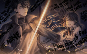 Rule 34 | 1boy, 1girl, aegyo sal, asamanemo, black coat, black hair, black shirt, blood, blood from mouth, bob cut, coat, collared shirt, commentary, curtains, english commentary, english text, glowing, grin, han sooyoung, han sooyoung (1863rd turn), highres, holding, holding sword, holding weapon, looking at another, night, omniscient reader's viewpoint, open clothes, open coat, outstretched hand, reaching, reaching towards another, shirt, short hair, smile, source quote, sword, upper body, weapon, white coat, wind, wind lift, yoo joonghyuk