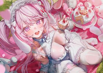 absurdres alice_(marchen_dream)_(nikke) alice_(nikke) betabeet bow breasts cake choker cleavage cross-laced_clothes cross-laced_dress dress flower food goddess_of_victory:_nikke hair_ornament hairband hashtag-only_commentary heart heart_choker highres picnic pink_eyes pink_hair rabbit_hair_ornament rose see-through_cleavage see-through_clothes sitting v white_bow white_dress white_flower white_hairband white_rose