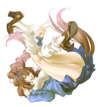 1girl absurdres animal_ears blue_cardigan blue_eyes blue_hair bow brown_hair brown_shoes cardigan ear_ribbon full_body highres horse_ears horse_girl horse_tail long_hair loose_socks ponytail ruukii_drift shirt shoe_dangle shoes simple_background socks solo super_creek_(umamusume) tail umamusume very_long_hair white_background white_shirt