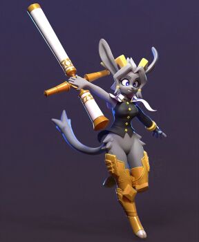 1girl 3d armored_boots armored_legwear black_shirt blue_eyes boots bottomless breasts falling fingerless_gloves gloves gradient_background grey_fur grey_hair holding holding_weapon hooves horns jumping knee_pads large_breasts lemurfeature long_sleeves long_tail looking_at_another pseudoregalia purple_background shirt shirt_buttons short_hair sidelocks simple_background sleeveless smile sybil_(pseudoregalia) tail very_long_ears weapon wide_hips