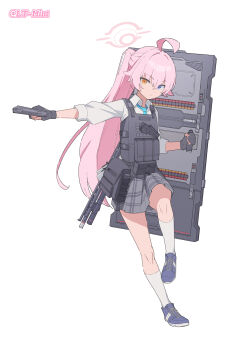 1girl ahoge ammunition_pouch ballistic_shield beretta_1301 beretta_92 black_gloves blue_archive blue_eyes blue_necktie bulletproof_vest chinese_commentary commentary_request fingerless_gloves full_body gloves grey_skirt gun hair_between_eyes halo handgun heterochromia highres holding holding_gun holding_shield holding_weapon hoshino_(armed)_(blue_archive) hoshino_(blue_archive) lemon_tea_(15058751917) long_hair necktie pink_hair pink_halo plaid_clothes plaid_skirt pleated_skirt ponytail pouch school_uniform shield shirt shotgun simple_background skirt socks solo tactical_school_uniform weapon white_background white_shirt white_socks yellow_eyes