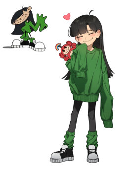 Rule 34 | 1girl, b1026, black hair, blush, closed eyes, codename: kids next door, long hair, numbuh 3, oversized clothes, oversized shirt, shirt, simple background, solo, straight hair, white background