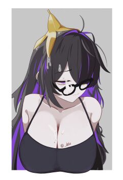 1girl absurdres banana_peel black_dress black_hair border breasts cleavage collarbone commentary_request doho_(doho90389) dress glasses goddess_of_victory:_nikke grey_background hair_over_one_eye highres label_(nikke) large_breasts mole mole_on_breast multicolored_hair purple_eyes purple_hair sexually_suggestive solo streaked_hair suggestive_fluid upper_body white_background white_border