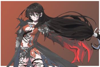 1girl bandaged_arm bandages black_choker black_hair breasts choker cleavage collarbone commentary_request hair_between_eyes highres long_hair looking_at_viewer medium_breasts navel simple_background smile solo tales_of_(series) tales_of_berseria torn_clothes velvet_crowe very_long_hair yellow_eyes youki_toa