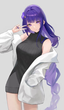 alternate_costume bare_shoulders black_dress blunt_bangs blurry braid closed_mouth commentary contemporary depth_of_field dress english_commentary flower flower_ornament genshin_impact gradient_hair grey_background hair_ornament hairclip hand_in_pocket hand_up haruhachiya head_tilt jacket long_braid long_hair looking_at_viewer mole mole_under_eye multicolored_hair off_shoulder open_clothes open_jacket purple_eyes purple_flower purple_hair purple_nails raiden_shogun shade simple_background single_braid sleeveless sleeveless_dress standing thighs upper_body v