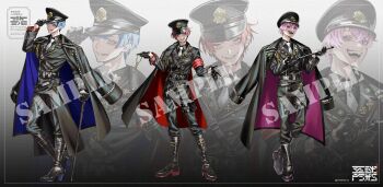 3boys aiguillette armband baton_(weapon) belt belt_buckle ben-day_dots black_background black_belt black_boots black_cape black_coat black_gloves black_jacket black_pants black_shirt blue_coat blue_eyes blue_hair blunt_bangs boots buckle buttons cane cape checkered_clothes coat coat_on_shoulders collared_shirt colored_shoe_soles copyright_notice crazy_eyes crazy_smile cross crossed_bangs double-breasted evil_grin evil_smile fangs full_body fur-trimmed_cape fur_trim gem gloves gradient_background grin hair_between_eyes half-closed_eyes half_gloves hand_on_headwear hat high_heel_boots high_heels highres holding holding_baton_(weapon) holding_cane holding_key if_(ireisu) ireisu jacket key keyring knee_boots kura1582 lapel_pin lapels lineup liura_(ireisu) long_sleeves looking_at_viewer male_focus medal military_hat military_uniform multiple_belts multiple_boys naiko_(ireisu) necktie notched_lapels official_art open_hand pants pants_tucked_in peaked_cap pink_coat pink_eyes pink_hair platform_boots pouch red_armband red_cape red_eyes red_hair sam_browne_belt sample_watermark sanpaku screentones shirt short_hair side_cape sleeve_cuffs smile standing teeth thigh_pouch two-sided_cape two-sided_coat two-sided_fabric utaite wallet_chain watermark weapon white_background white_necktie zoom_layer