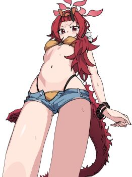 1girl bikini black_horns blue_archive brown_bikini denim denim_shorts dragon_horn dragon_tail from_below hairband halo highleg highleg_bikini highres horns looking_at_viewer micro_shorts momomatang o-ring o-ring_bikini o-ring_top official_alternate_costume orange_hairband red_halo red_tail renge_(blue_archive) renge_(swimsuit)_(blue_archive) short_shorts shorts single_horn solo sweat swimsuit tail white_background