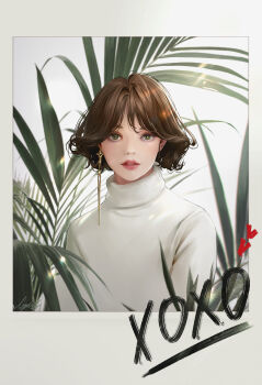 Rule 34 | 1girl, border, brown eyes, brown hair, commentary, cropped torso, earrings, english commentary, expressionless, eyelashes, fern, highres, jewelry, lizchief, long sleeves, looking at viewer, original, parted lips, plant, realistic, red lips, short hair, solo, sweater, turtleneck, turtleneck sweater, white border, white sweater