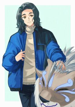 1boy black_hair black_jacket black_pants blue_jacket border cougarmon cowboy_shot digimon digimon_(creature) digimon_beatbreak green_background jacket pants risyo sawashiro_kyo short_hair simple_background solo_focus sweater white_border white_sweater yellow_eyes