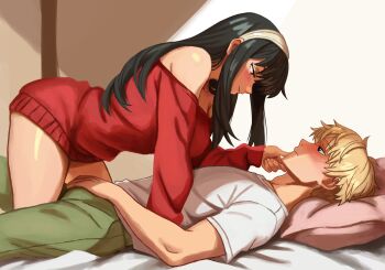 1boy 1girl absurdres bare_shoulders black_hair blonde_hair blue_eyes blush closed_mouth commentary couple dress english_commentary from_side green_pants hand_on_another's_face hetero highres long_hair looking_at_another lying on_back on_bed pants pillow praneeth_814 red_sweater shirt short_hair smile spy_x_family sweater sweater_dress twilight_(spy_x_family) white_shirt yor_briar