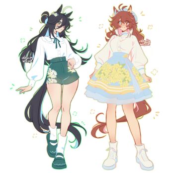 Rule 34 | 2girls, absurdres, ahoge, alternate costume, animal ears, beret, black hair, blue skirt, blush, boots, breasts, brown eyes, brown hair, calamity brezze, closed mouth, dantsu flame (umamusume), ear flower, floral print, floral print skirt, green ribbon, green shoes, green shorts, hair between eyes, hair bun, hat, highres, horse ears, horse girl, horse tail, long bangs, long hair, long hair between eyes, long sleeves, looking at viewer, manhattan cafe (umamusume), multicolored hair, multiple girls, neck ribbon, print skirt, ribbon, shirt, shoes, shorts, simple background, skirt, smile, socks, tail, umamusume, very long hair, white boots, white hair, white shirt, white socks, yellow eyes
