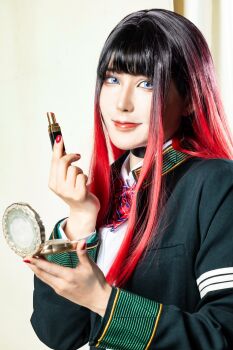 034_cos 1boy 2025 absurdres androgynous black_choker black_hair black_skirt blue_eyes blunt_bangs boots bow bowtie brushing_hair building choker closed_mouth coat commentary cosmetics cosplay cosplay_photo green_coat hand_mirror head_tilt high_heel_boots high_heels highres indoors japanese_(nationality) light_smile lipstick_tube long_coat long_sleeves looking_at_viewer male_focus mirror multicolored_hair photo_(medium) plated_skirt purple_bow purple_bowtie real_life red_hair red_lips red_nails school_uniform shadow shirt skirt skyscraper solo standing streaked_hair trap tsubakino_tasuku tsubakino_tasuku_(cosplay) upper_body white_shirt wind_breaker_(nii_satoru)