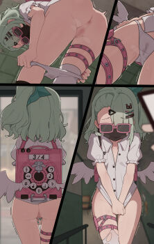 1girl anus ass backpack bag censored face_mask female_focus green_hair hair_ornament hairclip highres loli mask mosaic_censoring panties panty_pull pussy school_bag shirt solo sunglasses sunna_(zenless_zone_zero) thigh_strap underwear wing wings yosola_pl zenless_zone_zero