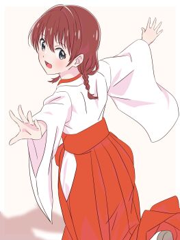 1girl :d blue_eyes blush braid commentary emma_verde from_behind hakama hakama_skirt highres japanese_clothes kosode looking_at_viewer looking_back love_live! love_live!_nijigasaki_high_school_idol_club miko myrain56991013 open_mouth outstretched_arms pink_background red_hair red_hakama shadow skirt smile solo spread_arms twin_braids wide_sleeves