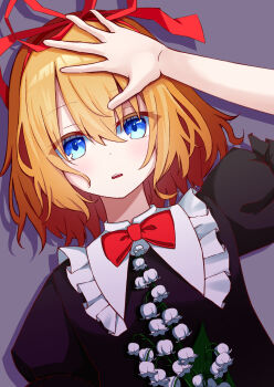 1girl :o arm_up black_shirt blonde_hair blue_eyes bow bowtie commentary contrast_collar dutch_angle flower frilled_sailor_collar frills hair_ribbon highres lily_of_the_valley looking_at_viewer medicine_melancholy neshiki_miiro puffy_short_sleeves puffy_sleeves purple_background red_bow red_bowtie red_ribbon ribbon sailor_collar shadow shirt short_hair short_sleeves simple_background solo touhou upper_body white_flower white_sailor_collar