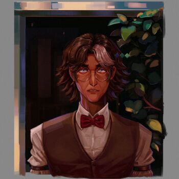 1boy adventure_time aegyo_sal black_hair black_vest blue_eyes bow bowtie coeurdeluciole collared_shirt glasses highres leaf looking_at_viewer male_focus parody parted_lips plant shirt short_hair simon_petrikov single_hair_streak solo style_parody upper_body vest white_shirt white_streaks window