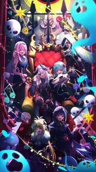 6+girls black_hair blonde_hair bungo_yayoi commentary_request cup demon_horns drinking_glass green_hair grey_hair heaven_burns_red highres holmes_hvbn hood hoodie horns kanzaki_adelheid multiple_girls musical_note pink_eyes pink_hair red_eyes sakuraba_seira satsuki_mari short_hair sitting_on_throne tenne_miko wine_glass yamawaki_bon_ivar