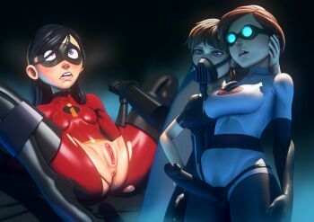3girls anus ass bad_end bad_id bad_pixiv_id bdsm black_hair bodysuit bondage boots bound bound_legs breasts brown_hair clothing_cutout crotch_cutout crying crying_with_eyes_open dildo domino_mask evelyn_deavor eye_mask freckles gas_mask goggles hand_on_another&#039;s_face helen_parr high_heel_boots high_heels highres holding_legs imminent_rape incest john_doe_(jdart) loli mask mature_female mind_control mother_and_daughter multiple_girls pussy respirator sex_toy small_breasts spoilers spread_legs strap-on tears the_incredibles torn_bodysuit torn_clothes uncensored violet_parr wide_hips yuri