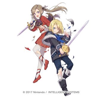 Rule 34 | 1boy, 1girl, aged down, ascot, battle damage, black boots, blonde hair, blue ascot, blue eyes, blue pants, boots, brown hair, capelet, clenched teeth, commentary request, dagger, damaged, dimitri alexandre blaiddyd, dimitri alexandre blaiddyd (young), dress, edelgard von hresvelg, edelgard von hresvelg (young), fire emblem, fire emblem: three houses, fire emblem heroes, full body, fur-trimmed capelet, fur trim, grey capelet, grey tunic, hagiwara rin, hair ribbon, holding, holding dagger, holding knife, holding sword, holding weapon, knife, long hair, long sleeves, nintendo, official alternate costume, official alternate hair color, official art, one eye closed, open mouth, pants, pantyhose, parted lips, purple eyes, red dress, red shoes, ribbon, shoes, simple background, sword, teeth, torn clothes, torn pants, torn pantyhose, tunic, twintails, weapon, white pantyhose