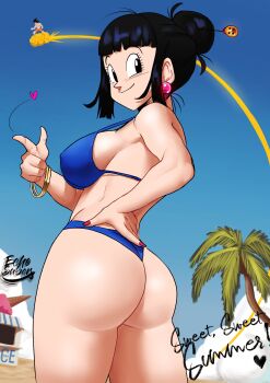 1boy 1girl absurdres ass bangle bikini blue_bikini blunt_bangs bracelet breasts chi-chi_(dragon_ball) cloud coconut_tree cowboy_shot curvy day dragon_ball dragon_ball_(object) dragon_ball_super dragonball_z earrings echo_saber english_text flying_nimbus food_stand from_behind hair_bun hand_on_own_hip happy heart highres huge_ass ice_cream_cone ice_cream_stand jewelry large_breasts looking_at_viewer looking_back medium_breasts nail_polish outdoors palm_tree red_nails shiny_skin sidelocks sky smile son_goku standing strap_gap swimsuit thighs thong_bikini topless_male tree turning_head wide_hips