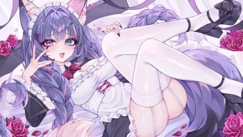 1girl absurdres animal_ear_fluff apron artist_name ass black_dress black_nails black_shoes blue_eyes blush braid breasts cleavage commentary commission dress ear_piercing earrings english_commentary flower frilled_dress frills garter_straps hair_ornament hairpin heart heart_hair_ornament heterochromia highres indie_virtual_youtuber jewelry maid multicolored_hair open_mouth petals piercing pink_flower pink_hair pink_petals pink_rose purple_eyes purple_hair rinne_(rinne_oi) rose saphia_heart shoes solo streaked_hair tail thighhighs twin_braids virtual_youtuber white_apron white_garter_straps white_thighhighs