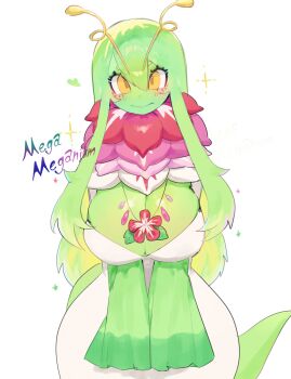 1girl antennae blush breasts character_name cleavage colored_skin commentary cowboy_shot curvy dress english_commentary eyelashes flower flower_necklace gen_2_pokemon green_hair green_skin green_sleeves green_tail heart highres jewelry large_breasts long_hair long_sidelocks long_sleeves looking_at_viewer low_neckline mega_meganium meganium monster_girl neck_flower necklace nintendo personification plant_girl pokemon red_flower sidelocks simple_background sleeves_past_fingers sleeves_past_wrists smile solo sparkle tail togetoge v_arms very_long_sidelocks white_background white_dress wide_hips yellow_eyes