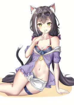 1girl animal_ears bad_id bad_pixiv_id bare_shoulders bikini bikini_under_clothes black_hair blush bow breasts cat_ears cat_tail closed_mouth finger_to_mouth green_eyes hair_bow highres jacket karyl_(princess_connect!) long_hair navel open_clothes open_fly open_shorts princess_connect! purple_jacket short_shorts shorts sitting small_breasts solo swimsuit tail thigh_strap twintails very_long_hair white_hair white_shorts xiao_liu