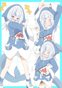 1girl animal_costume animal_hood arms_up blue_eyes blue_hair blue_hoodie blunt_bangs closed_eyes dot_nose eyebrows_hidden_by_hair fins fish_tail gabu_g2 gawr_gura gawr_gura_(1st_costume) grey_hair hands_on_own_hips highres hololive hololive_english hood hoodie long_sleeves looking_at_viewer medium_hair multicolored_hair multiple_views no_pants shark_costume shark_girl shark_hood shark_tail sharp_teeth shoes sleeves_past_wrists sneakers solo stitched_tail streaked_hair stretching tail teeth white_shoes wide_sleeves
