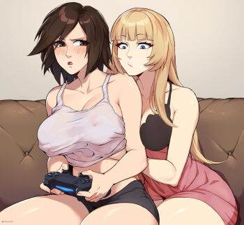 2girls allen_skies bare_shoulders blush breasts brown_eyes brown_hair cleavage controller emilie_de_rochefort game_controller gamepad grabbing_another's_breast grabbing_from_behind groping hand_under_clothes highres holding holding_controller holding_game_controller kazama_asuka large_breasts long_hair molestation multiple_girls navel nipple_stimulation nipple_tweak nipples open_mouth playstation_controller short_hair tank_top tekken tomboy yuri