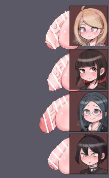 1boy 3futa absurdres akamatsu_kaede bar_censor black_hair blonde_hair blue_eyes blue_hair blush brown_eyes censored chart comparison danganronpa_(series) danganronpa_v3:_killing_harmony flaccid foreskin futanari hair_ornament hairclip harukawa_maki highres long_hair multiple_futa penis penis_chart penis_comparison penis_size_comparison penis_size_difference pink_eyes pointless_censoring saihara_shuichi school_uniform shirogane_tsumugi short_hair testicles yellow_eyes zkky2nd