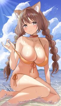 Rule 34 | 1girl, animal ears, beach, bikini, blue sky, breasts, brown hair, cloud, collar, commentary request, commission, day, dog ears, dog girl, front-tie bikini top, front-tie top, ganju gou (eric zhang), highres, large breasts, long hair, looking at viewer, navel, ocean, orange bikini, original, outdoors, roughllaugh, sand, side-tie bikini bottom, skeb commission, sky, solo, splashing, sun, swimsuit, twintails, water, wet