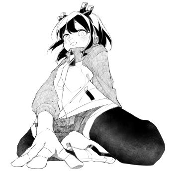 1girl :d arm_support blush boots chinese_commentary commentary_request foreshortening greyscale hairband highres jitomi_monoe kneeling long_sleeves looking_at_viewer magnet monochrome open_mouth pantyhose shorts simple_background smile solo virtual_youtuber voms white_background yassu zipper_pull_tab