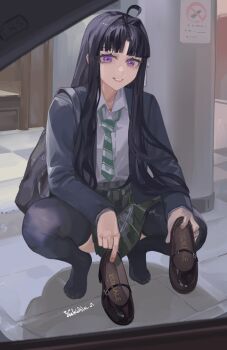 Rule 34 | 1girl, absurdres, awa subaru, black hair, feet, girls band cry, highres, holding, holding shoes, holding unworn clothes, long hair, looking at viewer, mole, mole under eye, parted lips, purple eyes, see-through clothes, see-through legwear, shoes, smile, squatting, thighhighs, toes, unworn shoes, yukiale