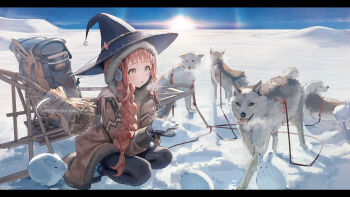 1girl absurdres backpack bag black_pants braid brown_coat brown_hair coat commentary commission day earmuffs gloves hair_over_shoulder hat highres holding holding_snowball hood hood_up open_mouth original outdoors pants rabbit single_braid sky sled snow snowball solo star-shaped_pupils star_(symbol) sun sunlight susukawa_(susucawa) symbol-only_commentary symbol-shaped_pupils toboggan tongue tongue_out winter_clothes witch_hat wolf yellow_eyes