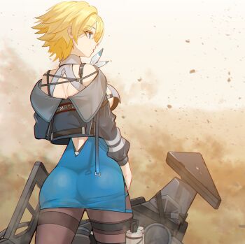 Rule 34 | 1girl, ass, black bra, black jacket, blonde hair, blue eyes, blue skirt, bra, breasts, brown background, brown pantyhose, closed mouth, commentary request, cropped jacket, dust, girls' frontline, girls' frontline 2: exilium, grief 13, highres, jacket, kulich (girls' frontline 2), large breasts, nikketa (girls' frontline 2), non-humanoid robot, pantyhose, robot, robot animal, robot dog, short hair, skirt, underwear, vsk-94 (girls' frontline)
