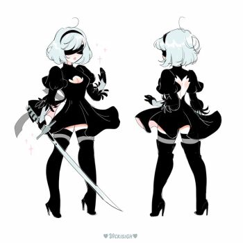 1girl 2b_(nier:automata) ahoge artist_name back_cutout black_dress black_hairband blindfold boots breasts cleavage cleavage_cutout clothing_cutout commentary dress grey_hair hairband high_heel_boots high_heels holding holding_sword holding_weapon juliet_sleeves long_sleeves medium_breasts medium_hair nier:automata nier_(series) puffy_sleeves sparkle sword thigh_boots vicki_tsai weapon