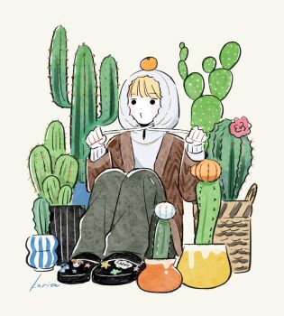 1girl artist_name black_shoes blonde_hair brown_cardigan cactus cardigan commentary cream_background crocs dot_nose food food_on_head fruit fruit_on_head gesooo_4 grey_pants highres hood hoodie legs_together mandarin_orange o3o object_on_head original pants plant potted_plant shoes simple_background sitting solo white_hood white_hoodie