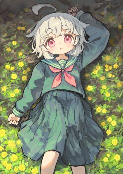 Rule 34 | 1girl, ahoge, arm up, blush, commentary request, day, feet out of frame, flower, grass, green sailor collar, green serafuku, green skirt, highres, kibisake, long sleeves, looking at viewer, lying, neckerchief, on back, on ground, open mouth, original, outdoors, pink eyes, pleated skirt, red neckerchief, sailor collar, school uniform, serafuku, short hair, skirt, solo, thick eyebrows, white hair, yellow flower