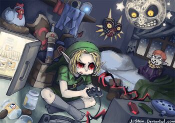 1boy bed bird black_socks blonde_hair bow_(weapon) character_doll chicken commentary controller cucco deku_shield doll english_commentary fairy full_body game_console green_hat green_tunic happy_mask_salesman hat holding holding_controller indian_style indoors instrument j-stein licking_lips link lon_lon_milk majora_(entity) male_focus mask minifridge moon_(zelda) night nintendo nintendo_64 nintendo_64_controller ocarina pillow playing_games pointy_ears red_eyes rupee_(zelda) shield short_hair sitting socks sword the_legend_of_zelda the_legend_of_zelda:_majora's_mask tongue tongue_out tunic weapon young_link
