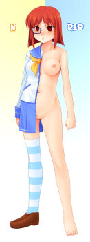 1girl asymmetrical_clothes barefoot breasts chart female_focus female_pubic_hair full_body glasses gradient_background highres long_image medium_breasts nipples no_panties noise_(tsuzuki) nude original pubic_hair pussy red_eyes red_hair revealing_clothes revealing_layer school_uniform serafuku shoes short_hair simple_background single_shoe single_thighhigh solo split split_theme standing striped_clothes striped_thighhighs tall_image thighhighs uncensored