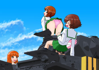 10s 5girls ahoge akiyama_yukari anglerfish animal_print arm_support ass bear_panties bear_print bent_over black_hair black_legwear blush brown_eyes brown_hair cameltoe closed_eyes cloud cloudy_sky day embarrassed emblem fish from_behind girls_und_panzer gradient_background green_skirt hairband isuzu_hana long_hair looking_at_another looking_back military military_vehicle miniskirt mooning motor_vehicle multiple_girls nishizumi_miho ooarai_school_uniform open_mouth orange_eyes orange_hair out_of_frame panties pantyshot panzer_iv panzer_iv pink_panties pleated_skirt print_panties reizei_mako school_uniform serafuku short_hair skirt sky smile socks standing takebe_saori tank underwear upskirt vehicle yamucya01 yuri