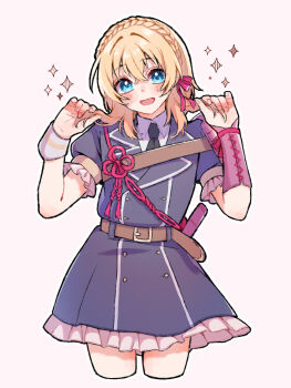 1boy alternate_hairstyle armor belt belt_buckle black_dress black_necktie blonde_hair blue_eyes blush braid brown_belt buckle buttons collared_shirt cropped_legs crown_braid double-breasted dress enon_kt flower_knot frilled_dress frilled_sleeves frills hair_between_eyes hair_ribbon highres holding holding_own_hair japanese_armor kote long_hair looking_at_viewer male_focus midare_toushirou necktie open_mouth pink_ribbon puffy_short_sleeves puffy_sleeves ribbon shirt short_sleeves shoulder_armor simple_background single_sode smile sode solo sparkle touken_ranbu trap w_arms white_background white_shirt wing_collar