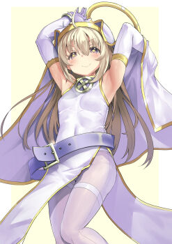 Rule 34 | + +, 1girl, absurdres, ahoge, armpits, arms up, belt, blonde hair, commentary request, cowboy shot, elbow gloves, fake halo, gloves, hair between eyes, halo, highres, itou ryuusei, looking at viewer, nun, original, pantyhose, pelvic curtain, purple belt, purple eyes, simple background, smile, solo, white gloves, white pantyhose, yellow background