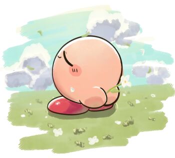 blush_stickers closed_eyes cloud commentary field flower highres kirby kirby_(series) looking_up nintendo pepelonpemon smile solo tagme